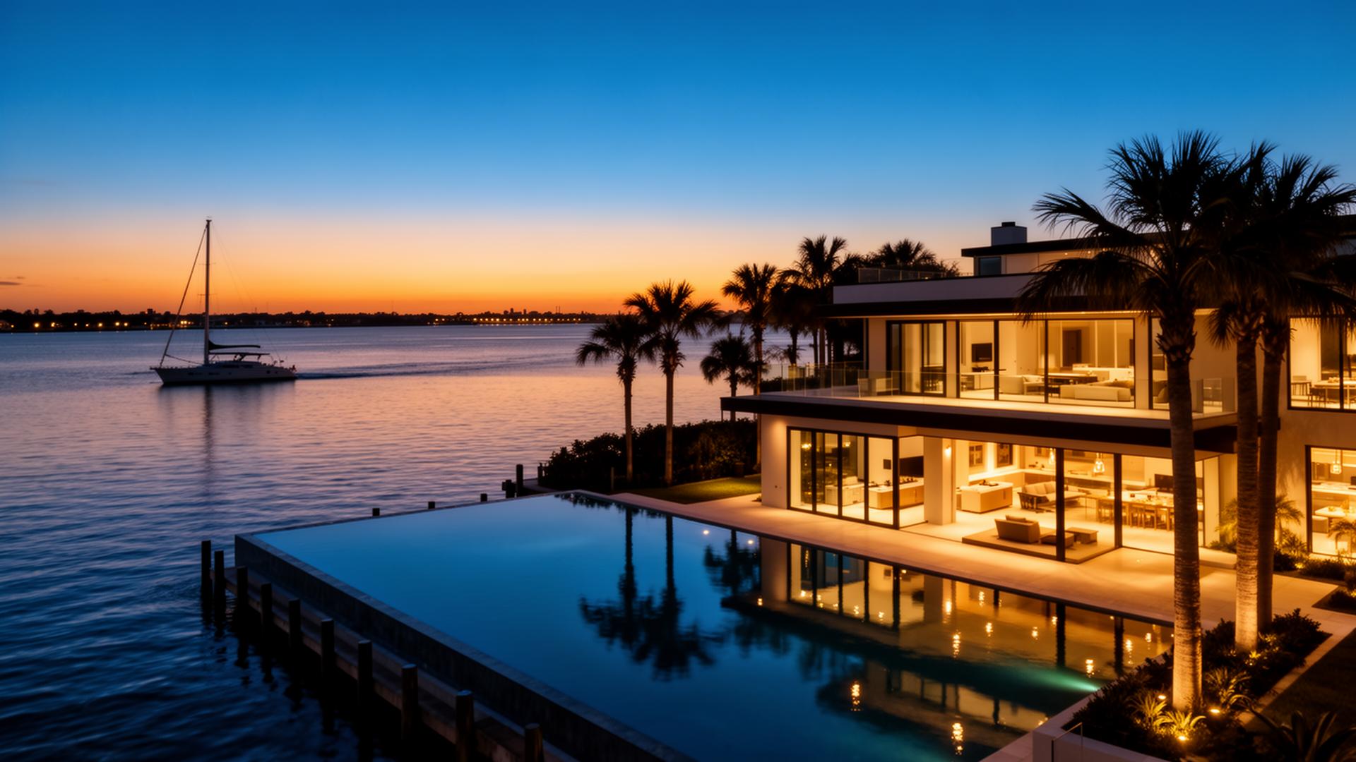 Tampa Bayshore waterfront estate at twilight